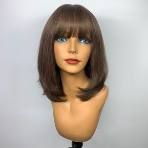 16”Natural Curved Bottom Brown Bangs Synthetic Wig
